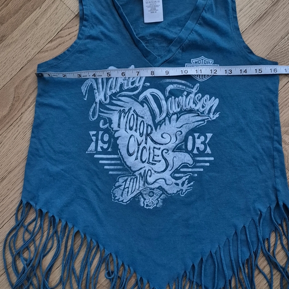 Harley Davidson Women's Medium Greenish Blue V Neck Fringe Tank Top EUC - Picture 4 of 4